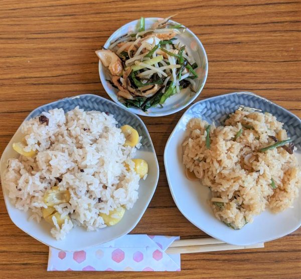 栗と山菜でおこわ作り